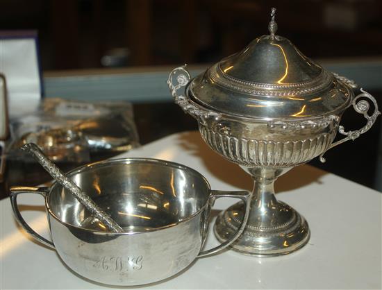 Silver bowl & plated pedestal bowl etc